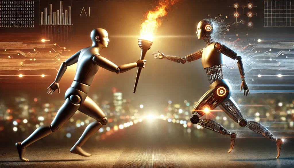 A human passing a glowing torch to a robot, symbolizing AI’s rise.