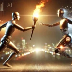 A human passing a glowing torch to a robot, symbolizing AI’s rise.
