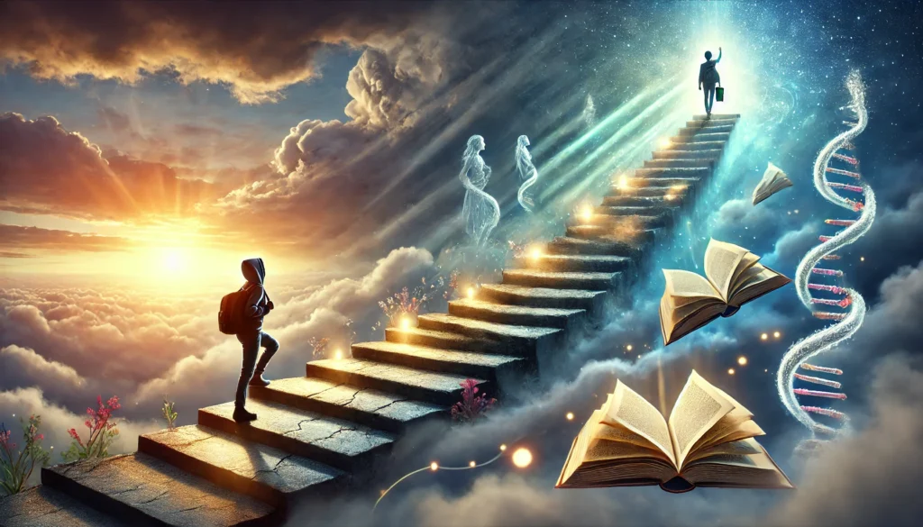 A person climbing glowing stairs toward knowledge, surrounded by books, DNA strands, and cosmic light, symbolizing growth.