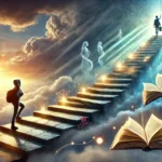 A person climbing glowing stairs toward knowledge, surrounded by books, DNA strands, and cosmic light, symbolizing growth.