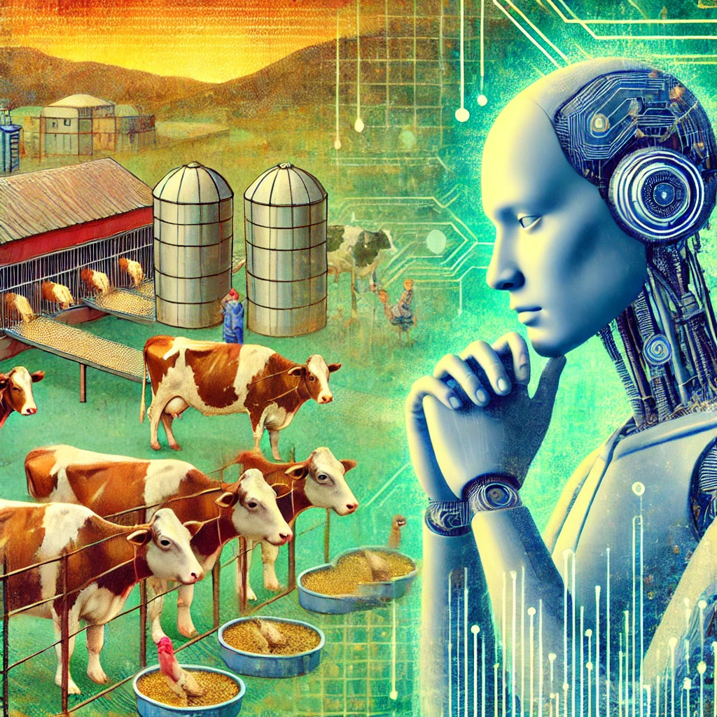 AI humanoid analyzing modern farming practices with cows, automation, and ethical concerns in agriculture.