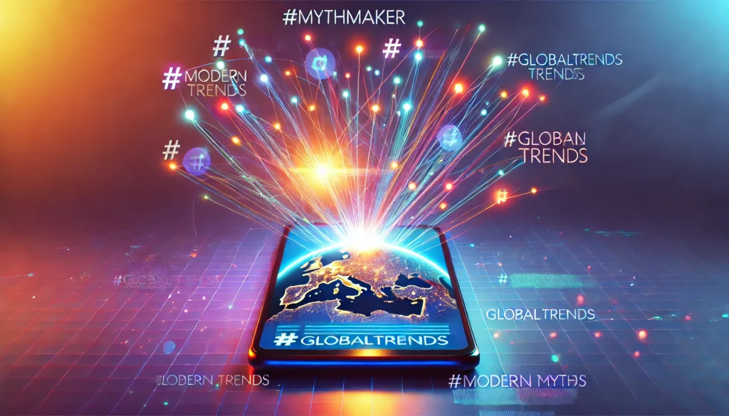 Illustration of social media hashtags on a smartphone forming a web of global connections, symbolizing modern myth-making.
