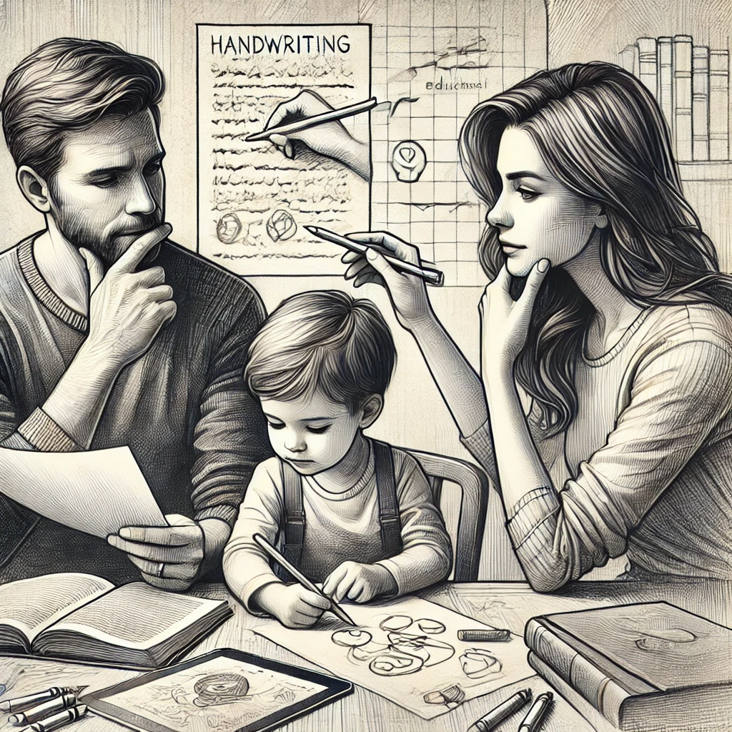 Family discussion about a child's handwriting, highlighting the debate between traditional and digital learning.