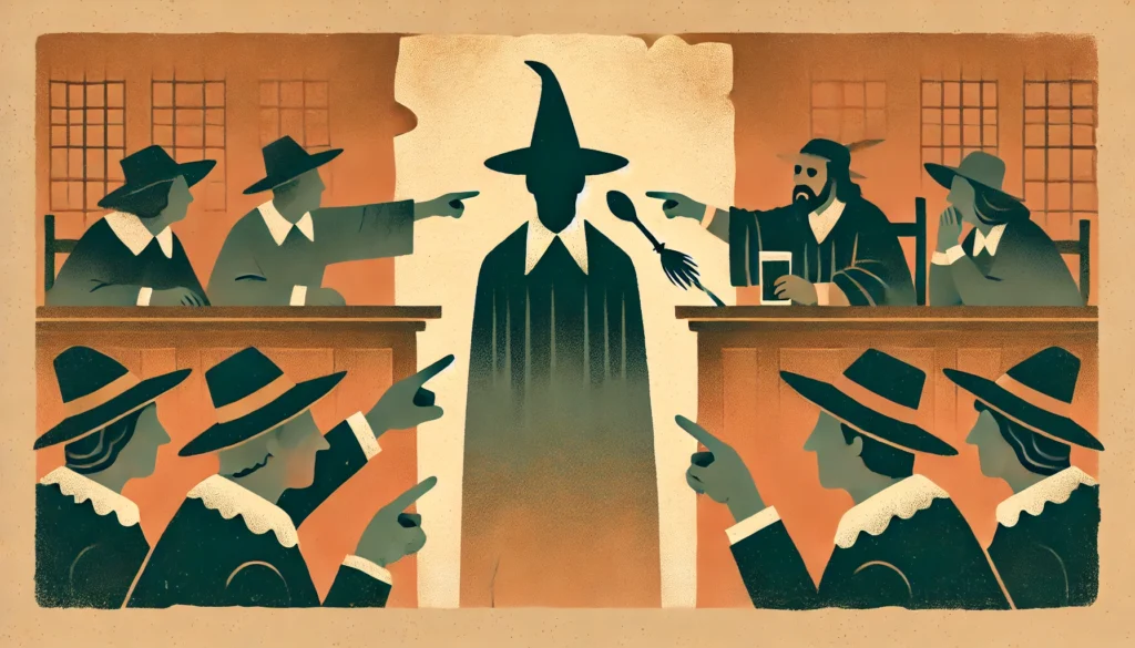 Minimalistic depiction of a 17th-century witch trial, showing a lone figure accused by a group, highlighting blind belief.