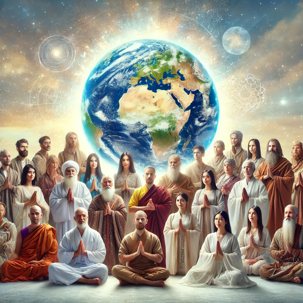 A diverse group of spiritual people in traditional attire gathered around a glowing globe, showcasing unity and shared purpose.