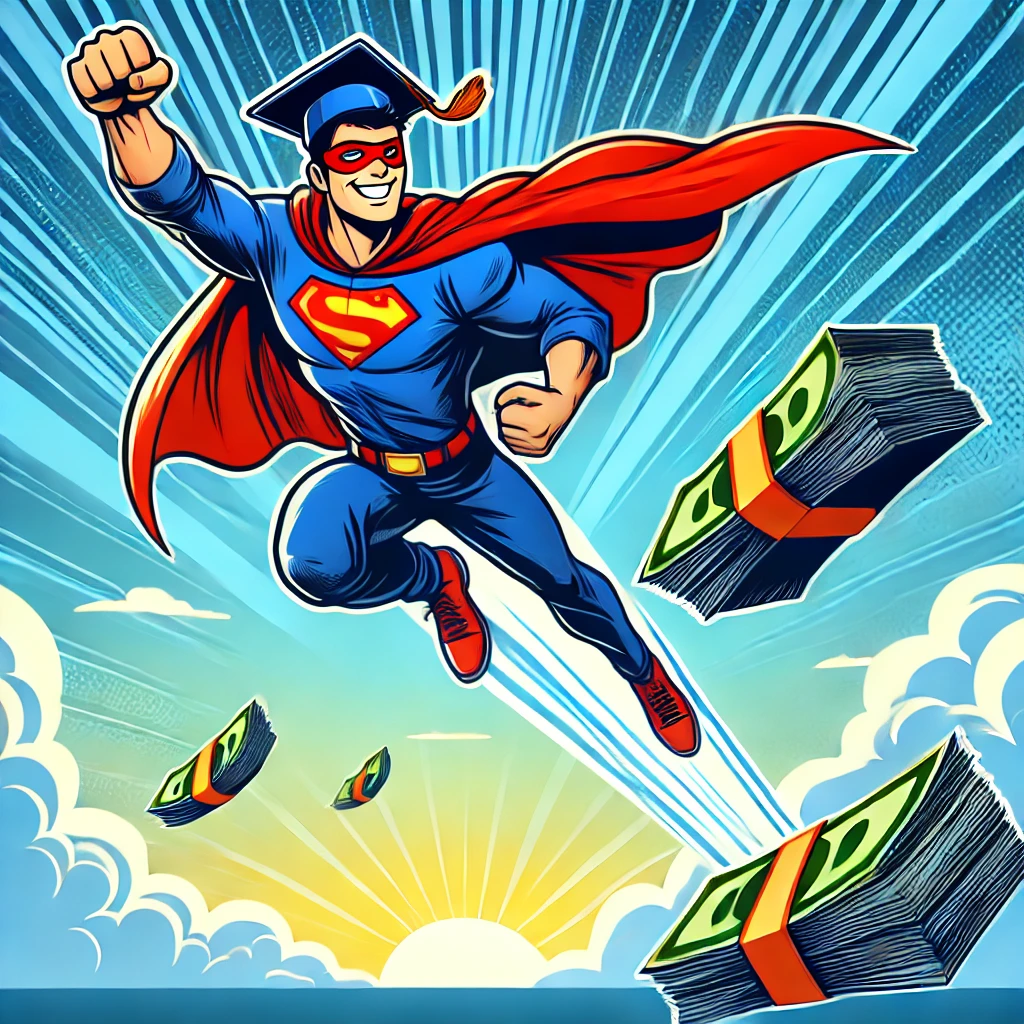 Superhero-style student flying with a grin, leaving student loan papers behind, symbolizing freedom.