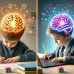 Illustration of kids writing and typing with highlighted brain activity.