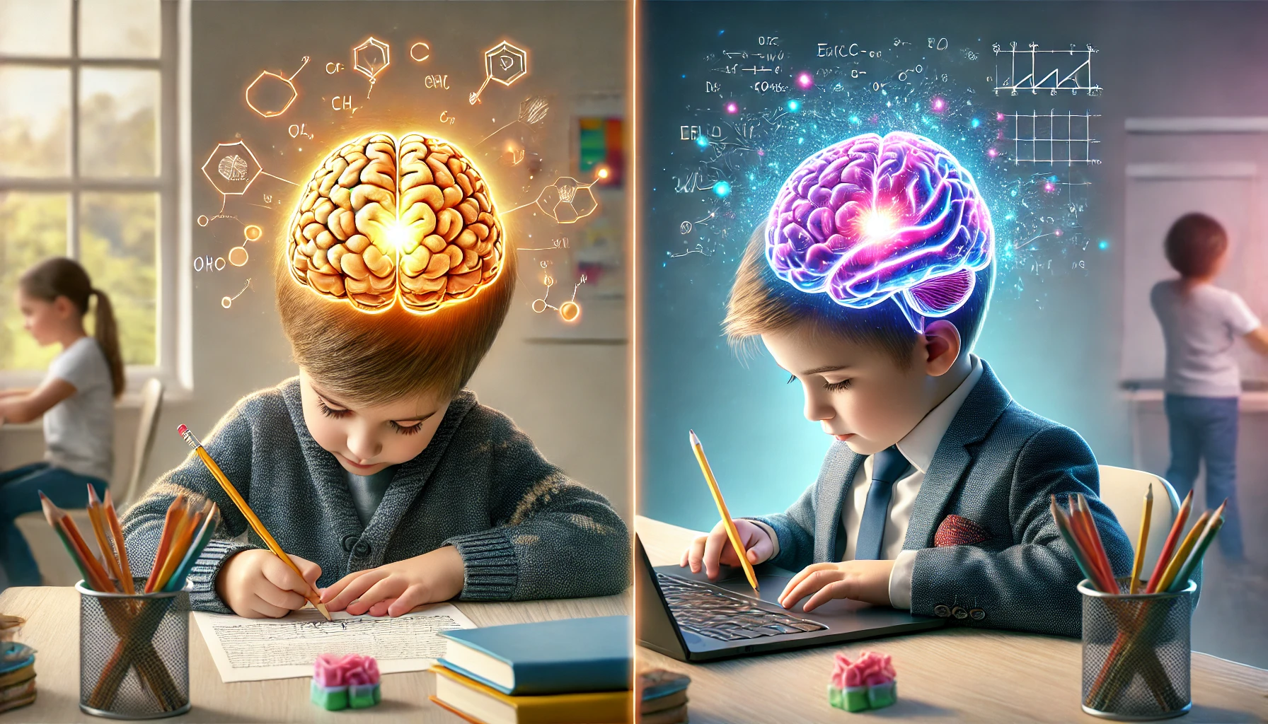 Illustration of kids writing and typing with highlighted brain activity.