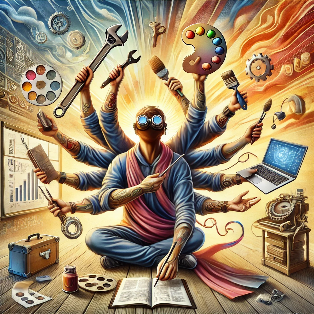 Illustration of a versatile individual mastering multiple skills, symbolizing adaptability and multidisciplinary thinking.