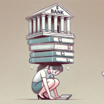 Illustration of a student crouching under the weight of books and a bank building, symbolizing financial stress in grad school