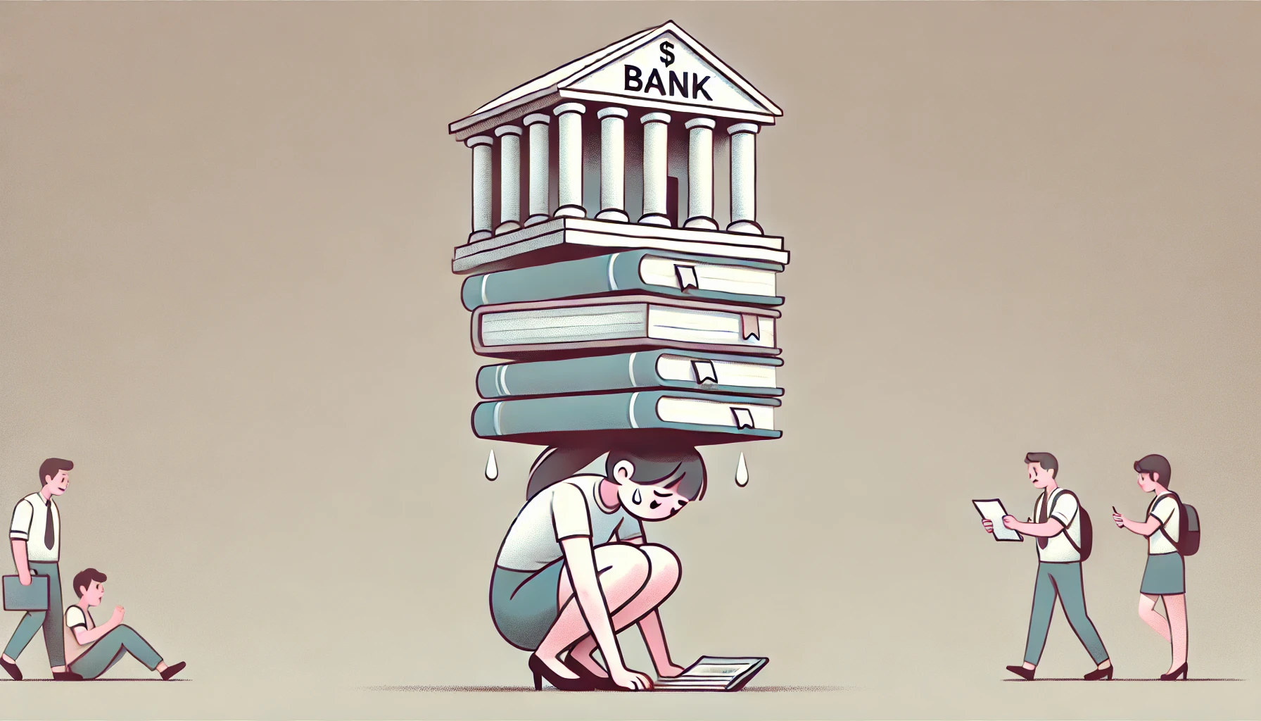 Illustration of a student crouching under the weight of books and a bank building, symbolizing financial stress in grad school