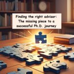 Illustration of puzzle pieces on a table with a book and clock, symbolizing finding the right PhD advisor.