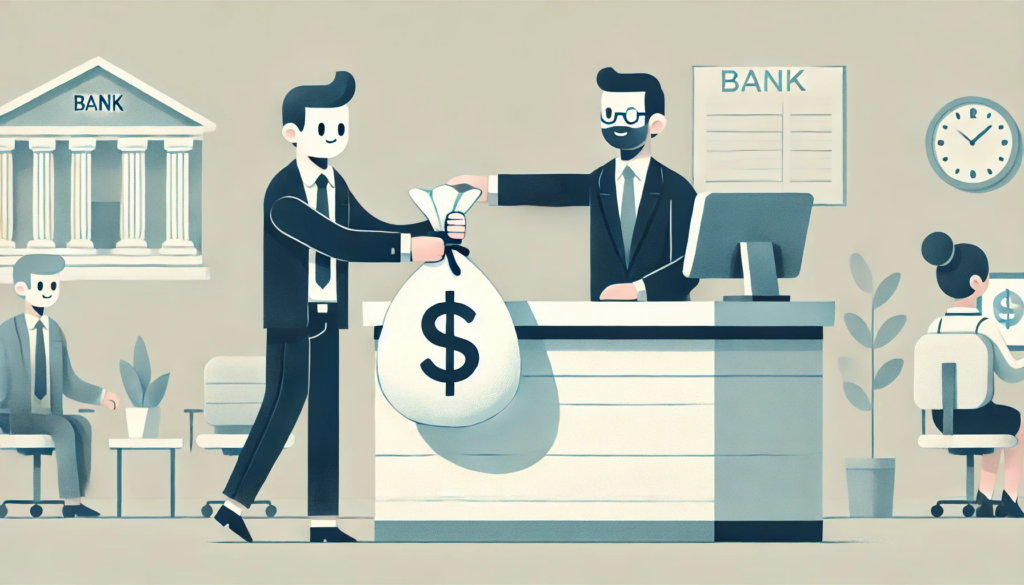 Illustration of a professional returning a bag of money to the bank, symbolizing student loan repayment.