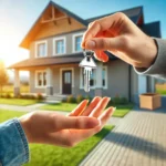 Real estate agent giving keys to new homeowner outside a single-family home, representing a significant life milestone.