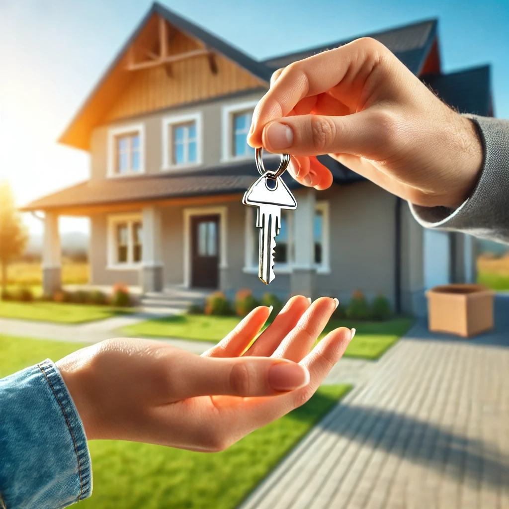 Real estate agent giving keys to new homeowner outside a single-family home, representing a significant life milestone.
