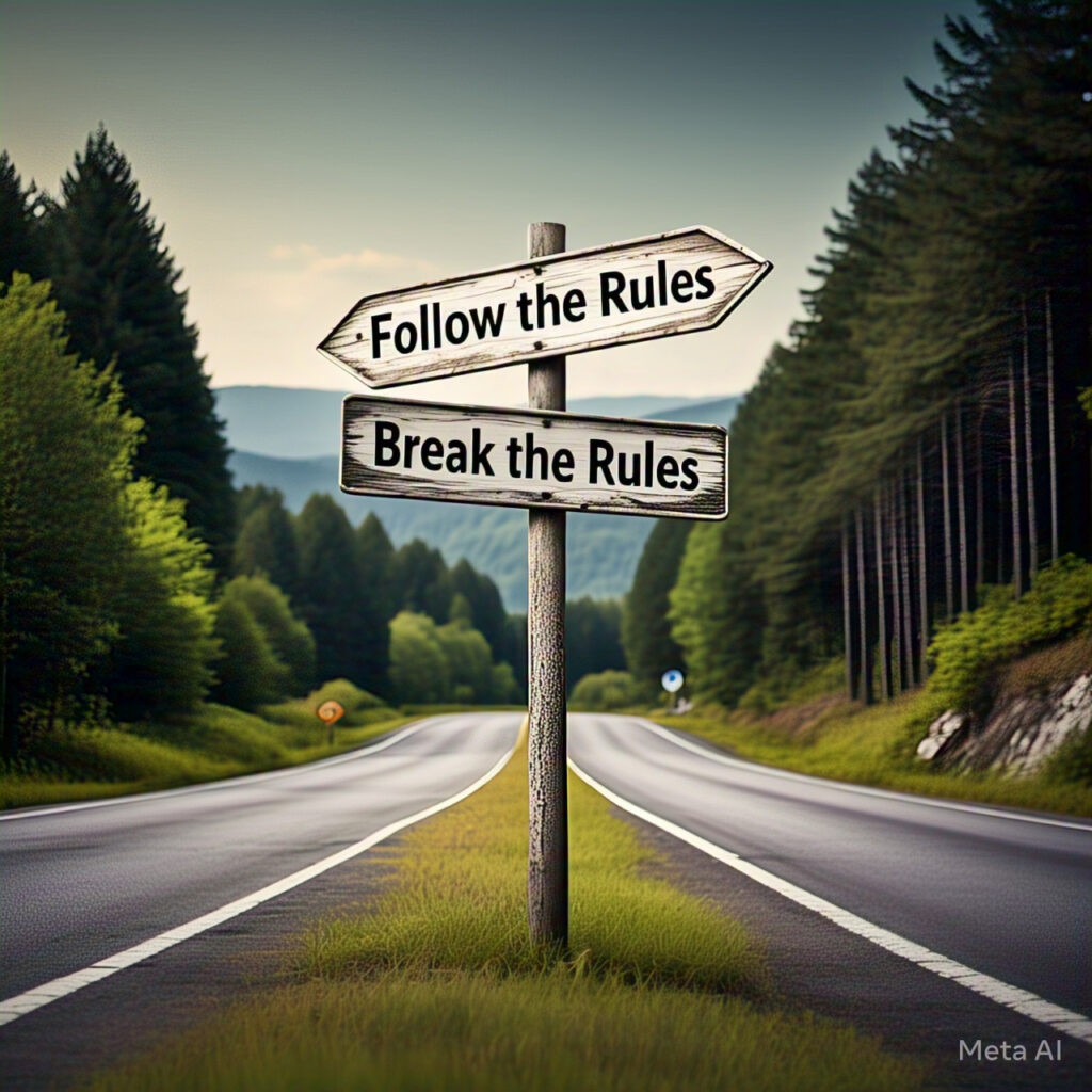 A road splitting into two paths with signs: 'Follow the Rules' and 'Break the Rules,' symbolizing choices in success and innovation.