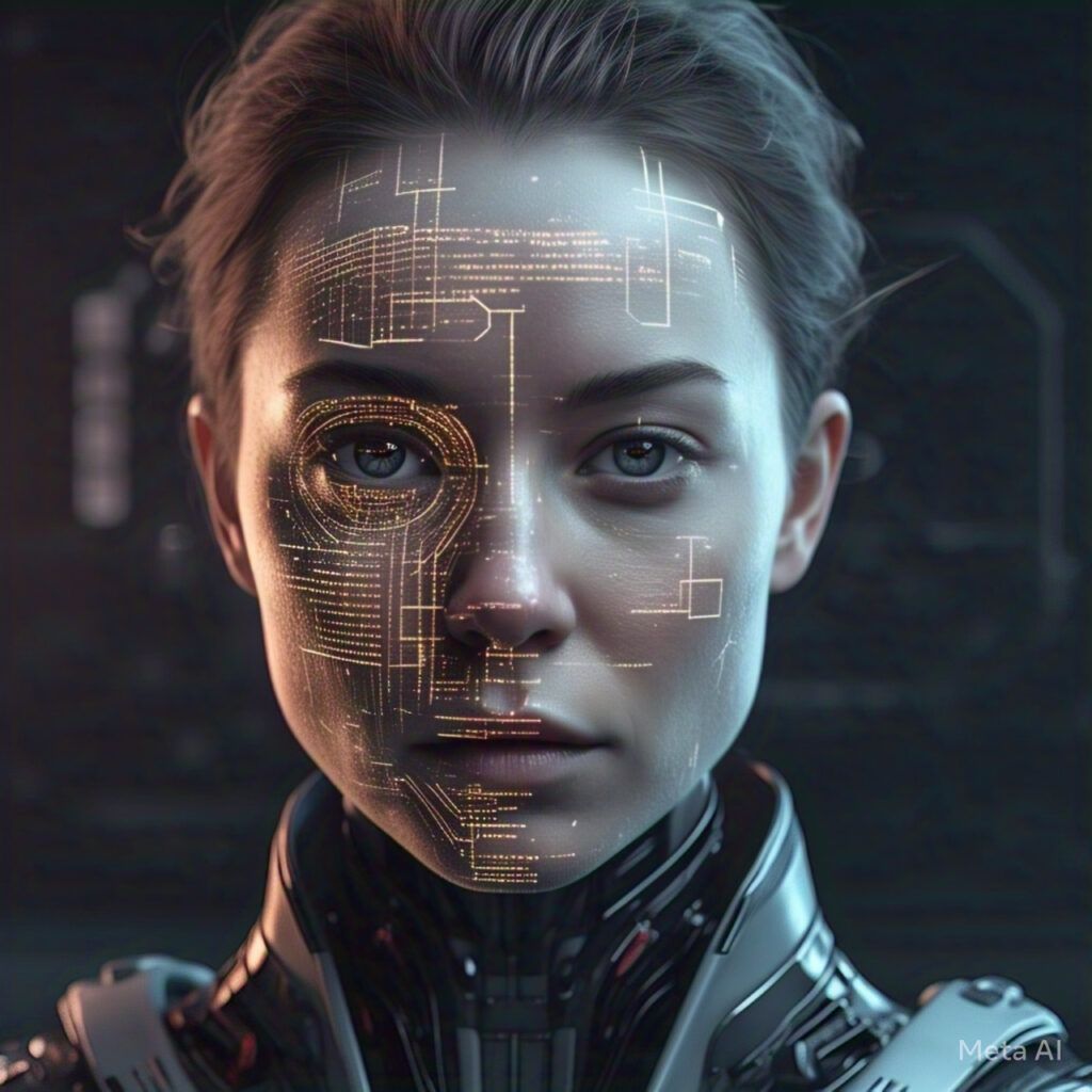 Person with subtle AI circuitry overlay, symbolizing AI's growing influence on human life and perception.