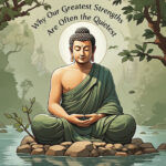 A serene illustration of Buddha sitting cross-legged on rocks in a peaceful natural setting, surrounded by trees and water, with the text 'Why Our Greatest Strengths Are Often the Quietest' above him.