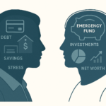 Illustration comparing financial health: one person with luxury lifestyle but hidden debt, and another with modest lifestyle but strong savings and investments.